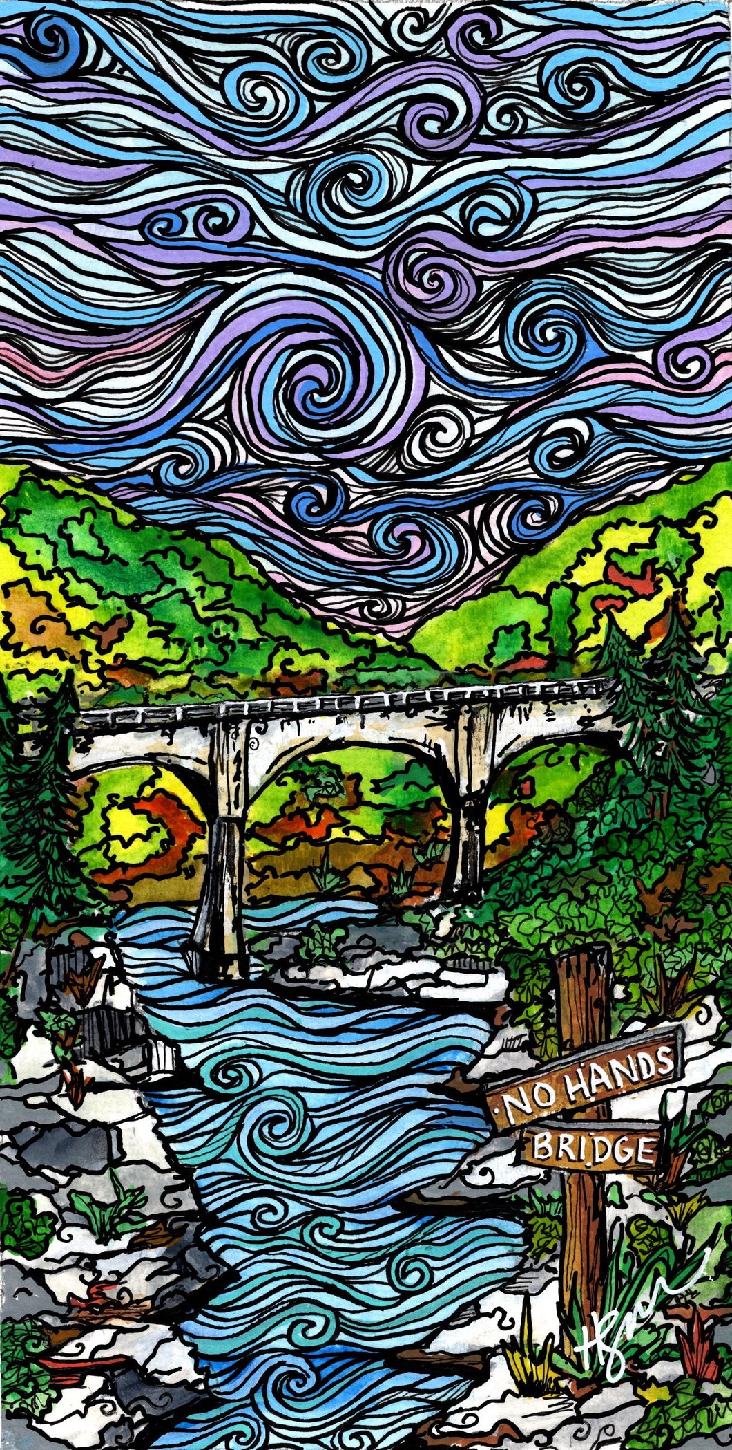 No Hands Bridge- Auburn California - Original Artwork- Hoo-rag Neck Gaiter