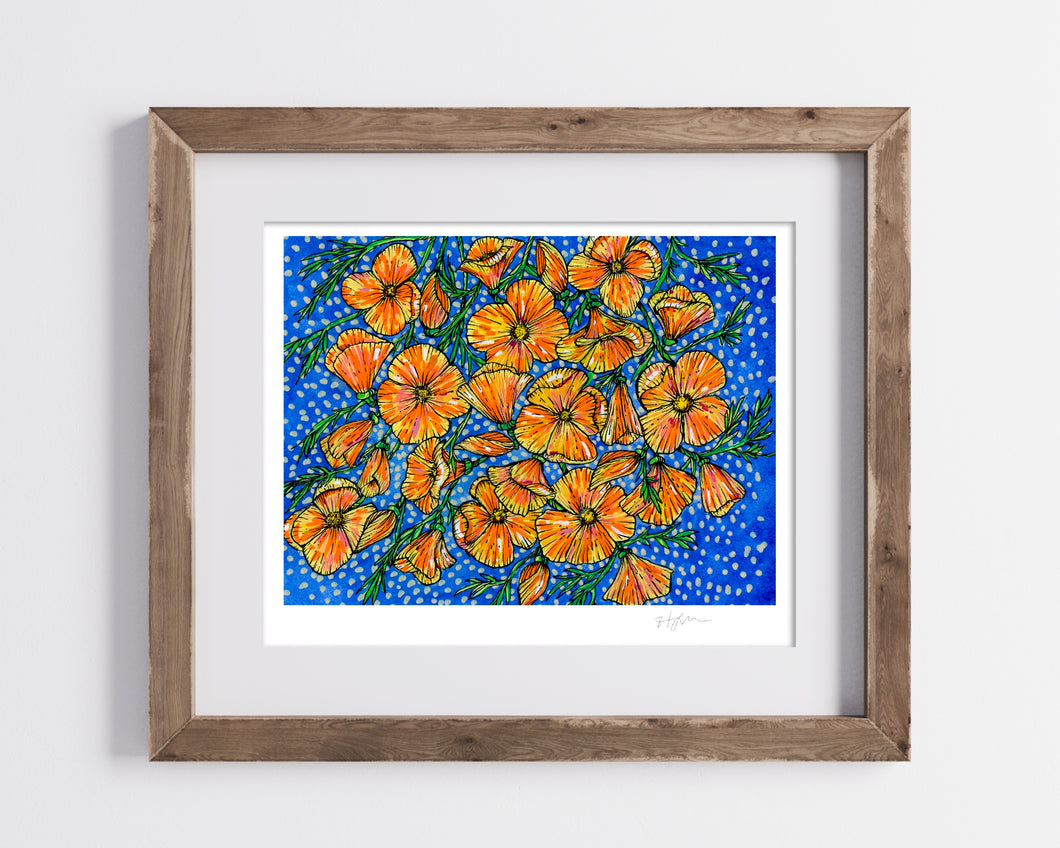 Horizontal Poppies, Blue Background  - Bordered Print- Archival Matte Paper- Hand Titled and Signed