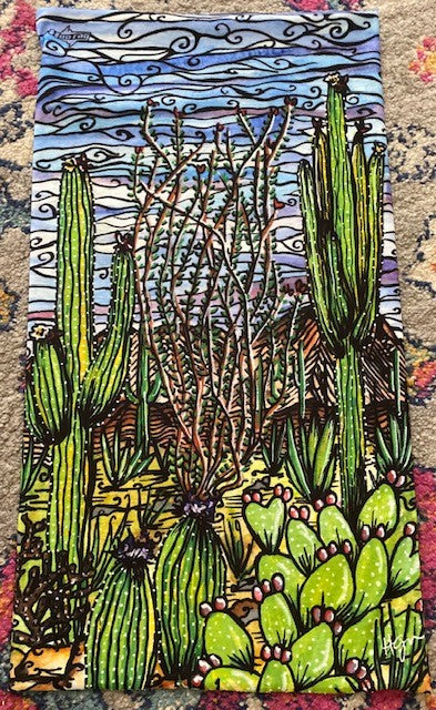 Green Cactus Day- Original Artwork- Hoo-rag Neck Gaiter